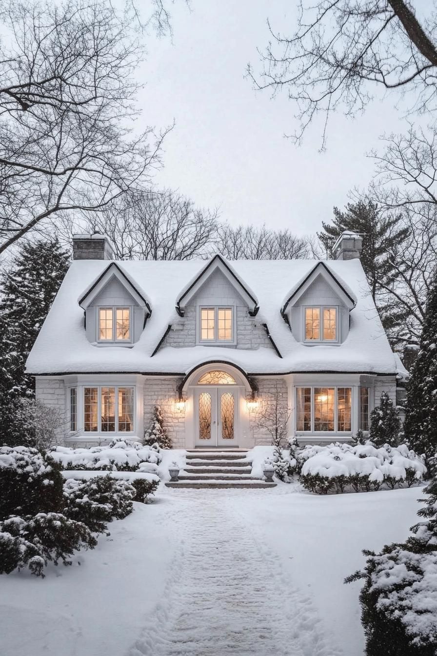 front view of a snowed in white cottage house lots of snow on multi pitch roof bay windows with white trim entrance with steps front yard snowed 2