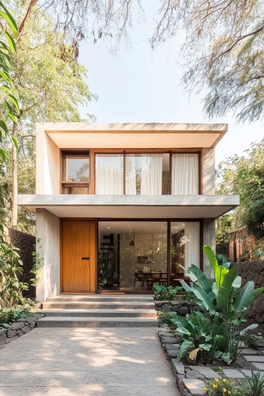 Two-story modern house with large windows and a welcoming pathway