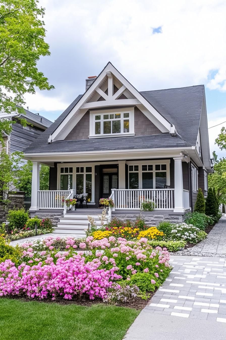 modern cottage in pastel yellow siding stone grey multi pitched roof large windows with white trim and mouldings v 6.1 1