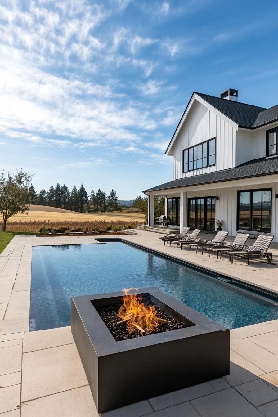 Modern farmhouse with pool and fire pit