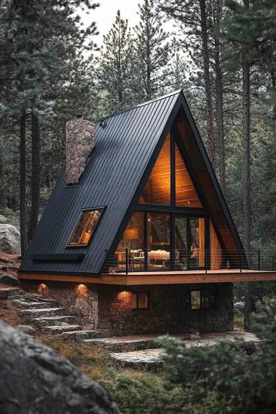 modern tiny a frame cabin with eave on a raised deck on stone foundations forest clearing with tall pines 1