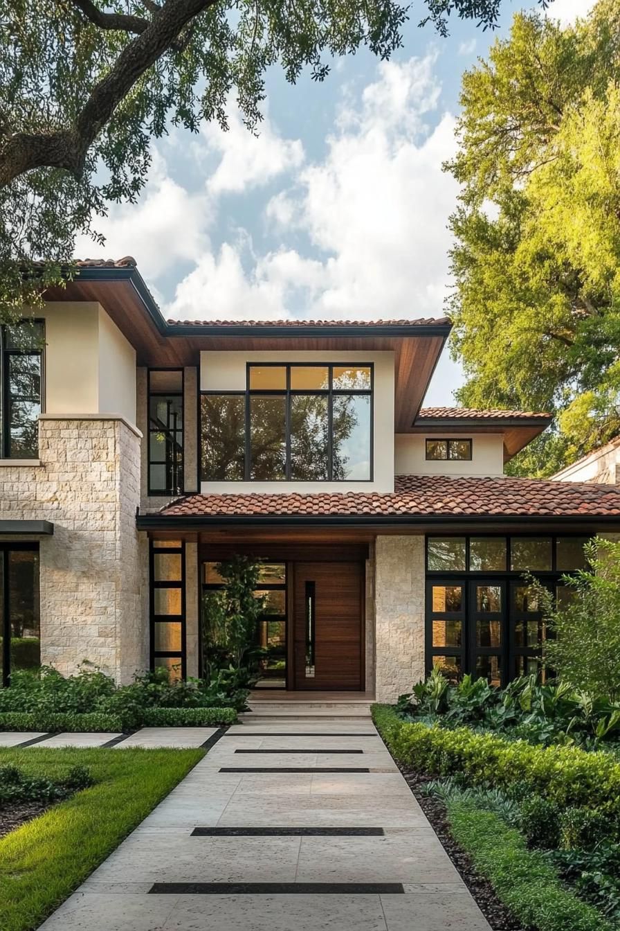 Modern two-story Mediterranean house with a red-tiled roof