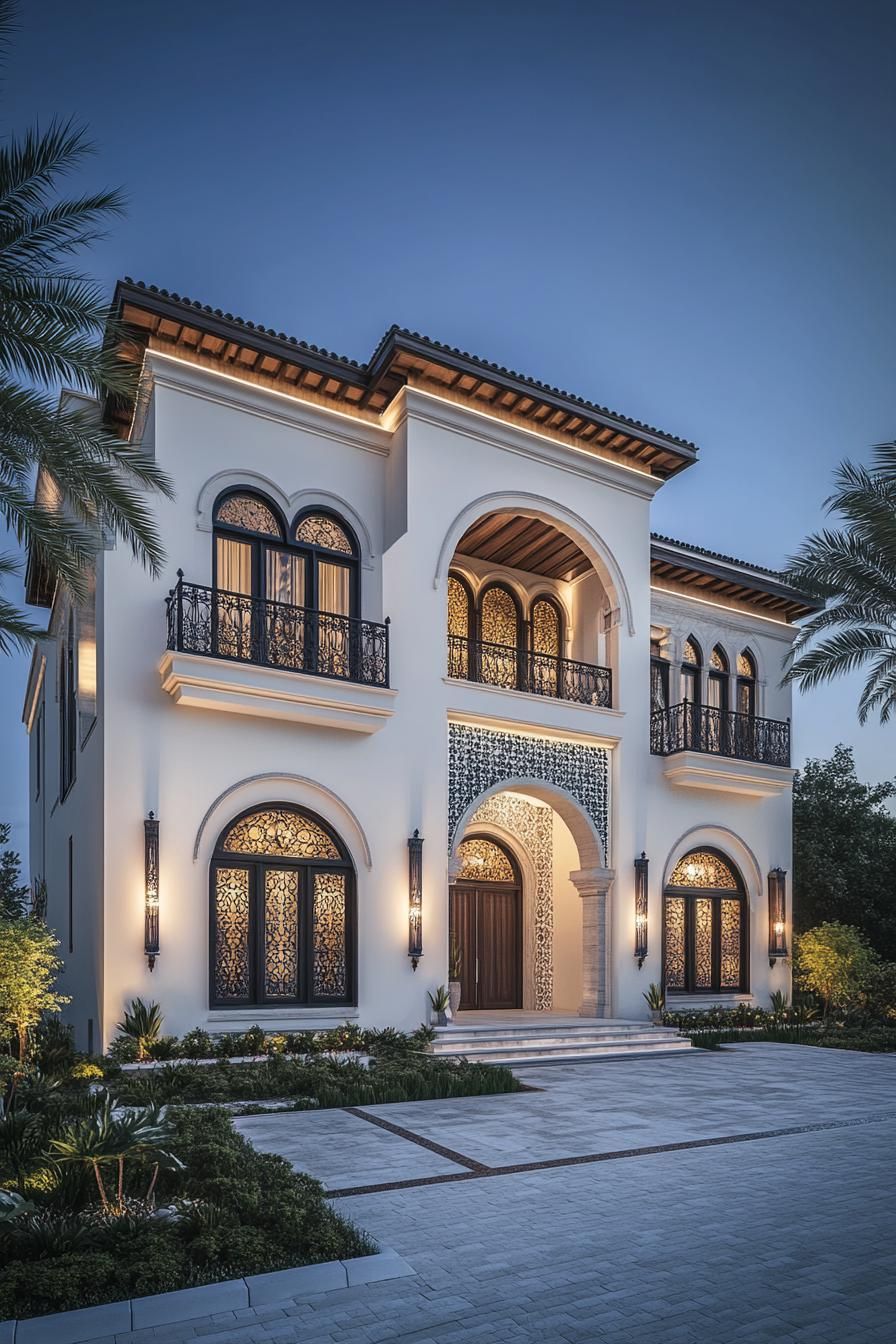 Elegant Arabic house with arches at dusk