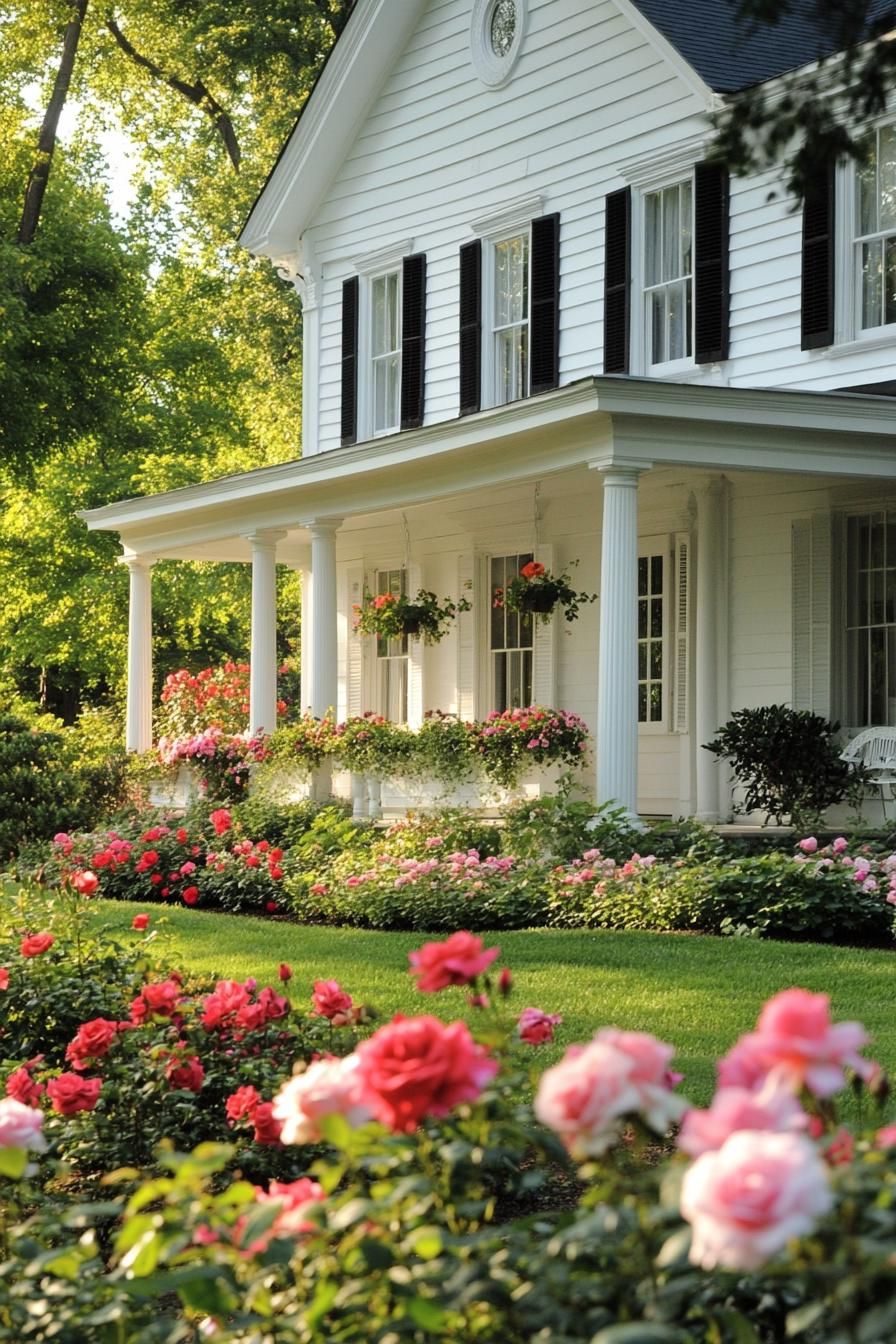 countryside colonial house in white siding windows with shutters porch with columns lush front garden with blooming roses