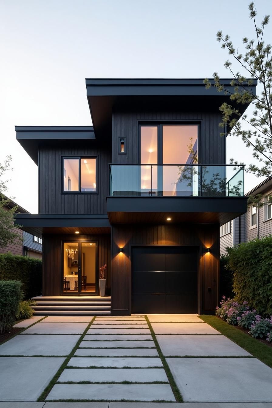 Contemporary black house with large windows and modern design