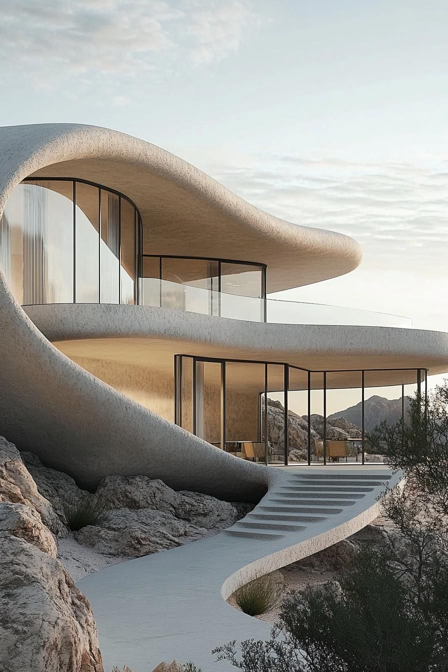 A futuristic home with wavy, sand-colored architecture nestled in rocky terrain