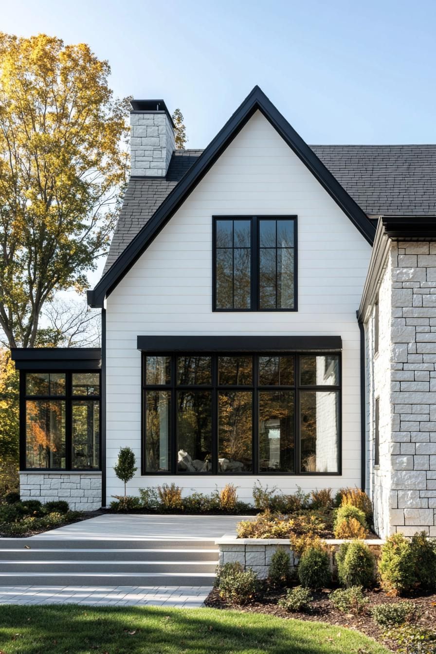 Charming white house with dramatic black trim