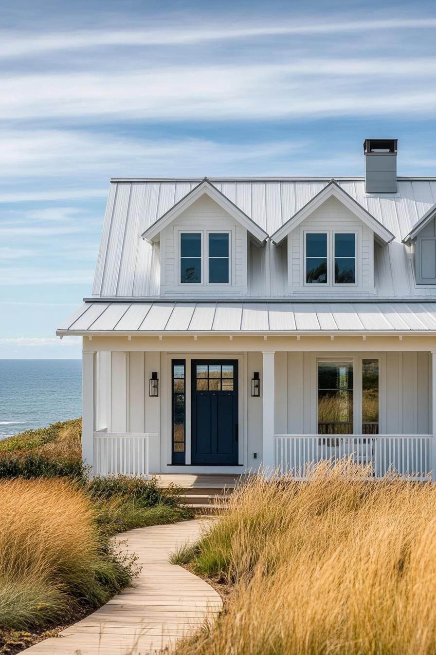 White coastal house with a blue door by the sea