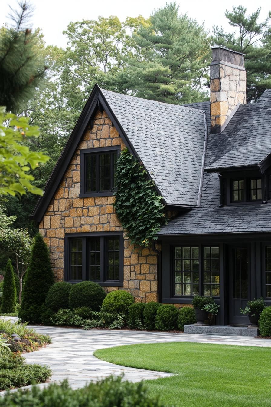 Charming stone house with ivy on a gabled roof