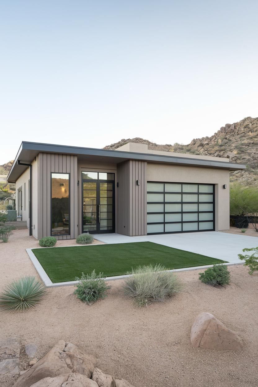 Modern garage house with minimalist design in desert landscape