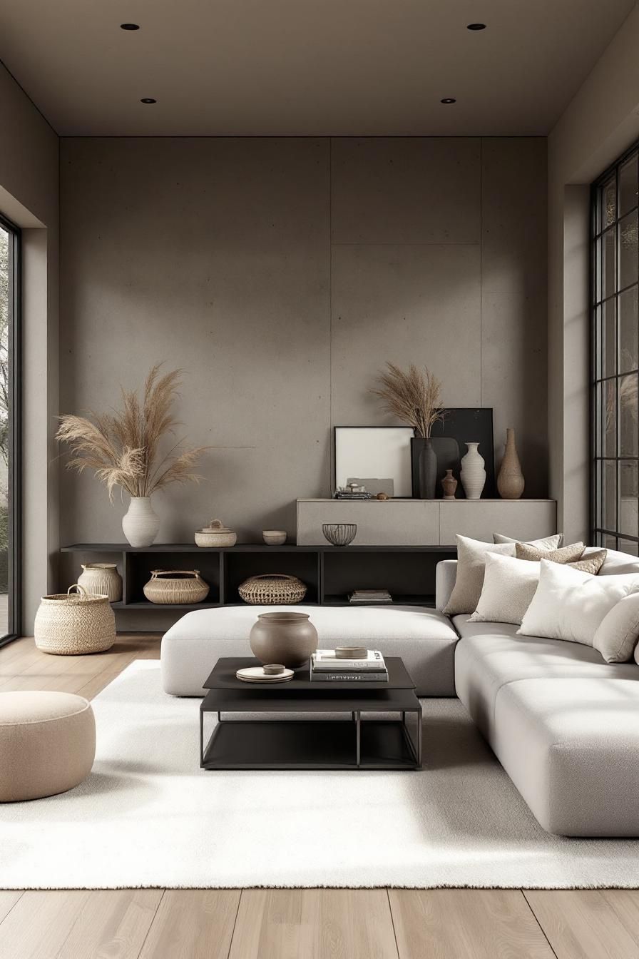 Minimalistic living room with neutral tones and nature-inspired decor