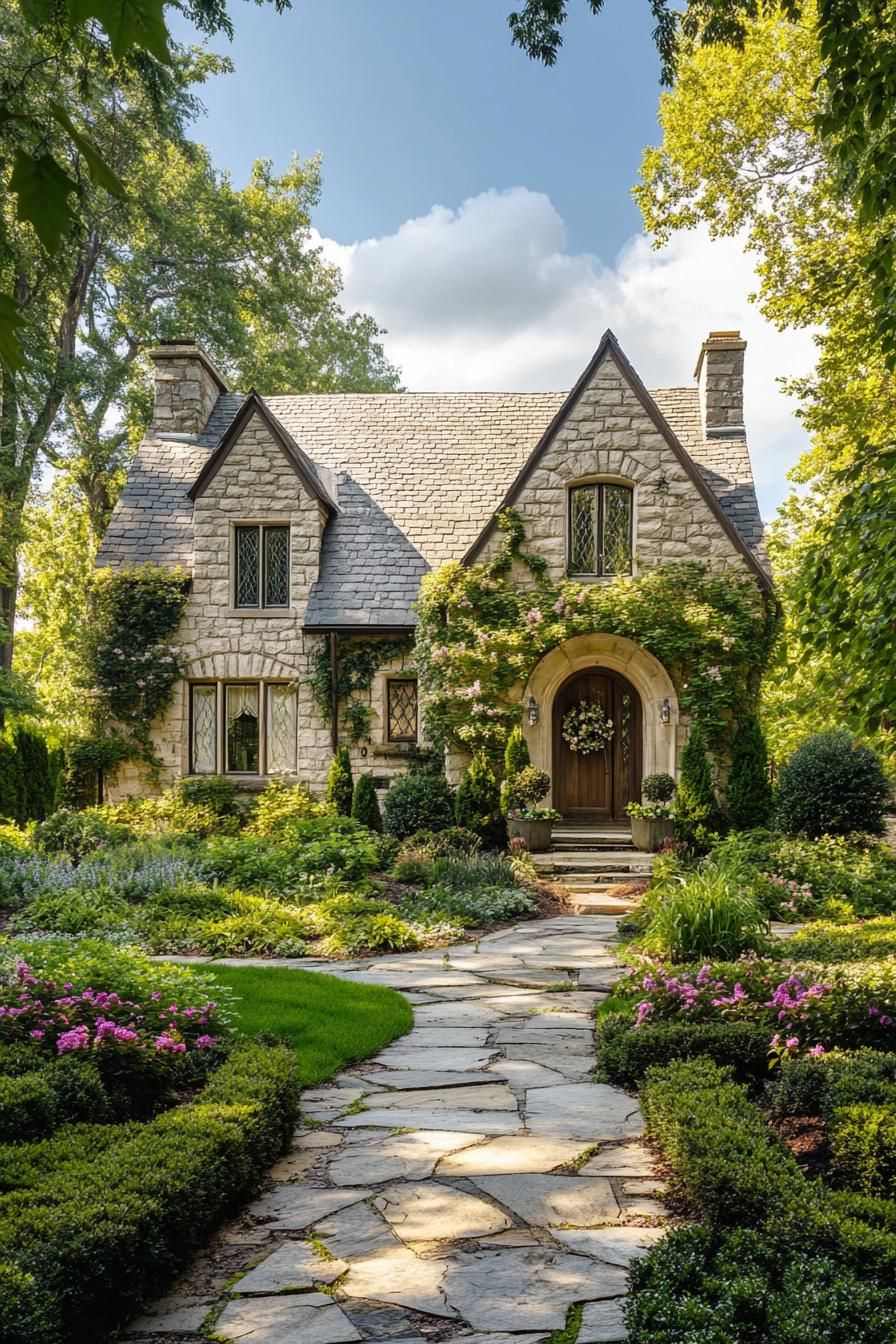 countryside English stone cottage with gables arched doorway front facade with flower vines lush garden with hardscape and stone path surrounded 3