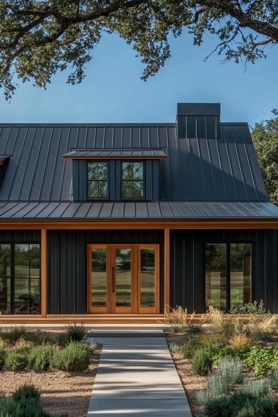 Dark metal barndominium with a wooden door