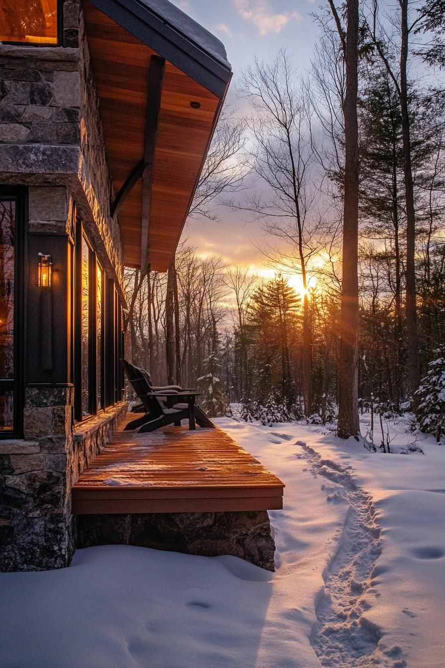 modern forest chalet in stone siding and dark wood details large porch with adirondack chairs v 6.1