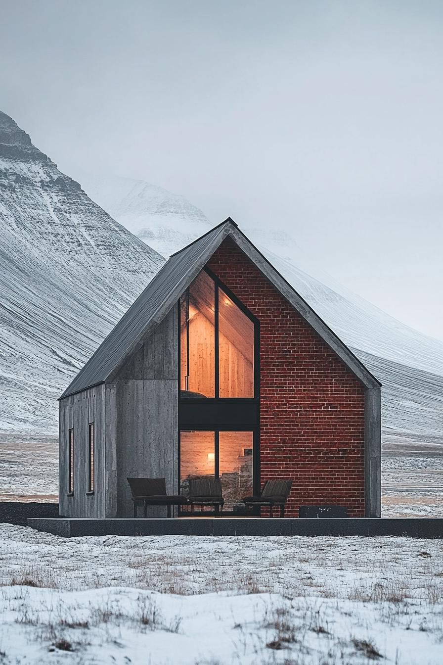 A cozy brick and wood cabin in a snowy mountain landscape