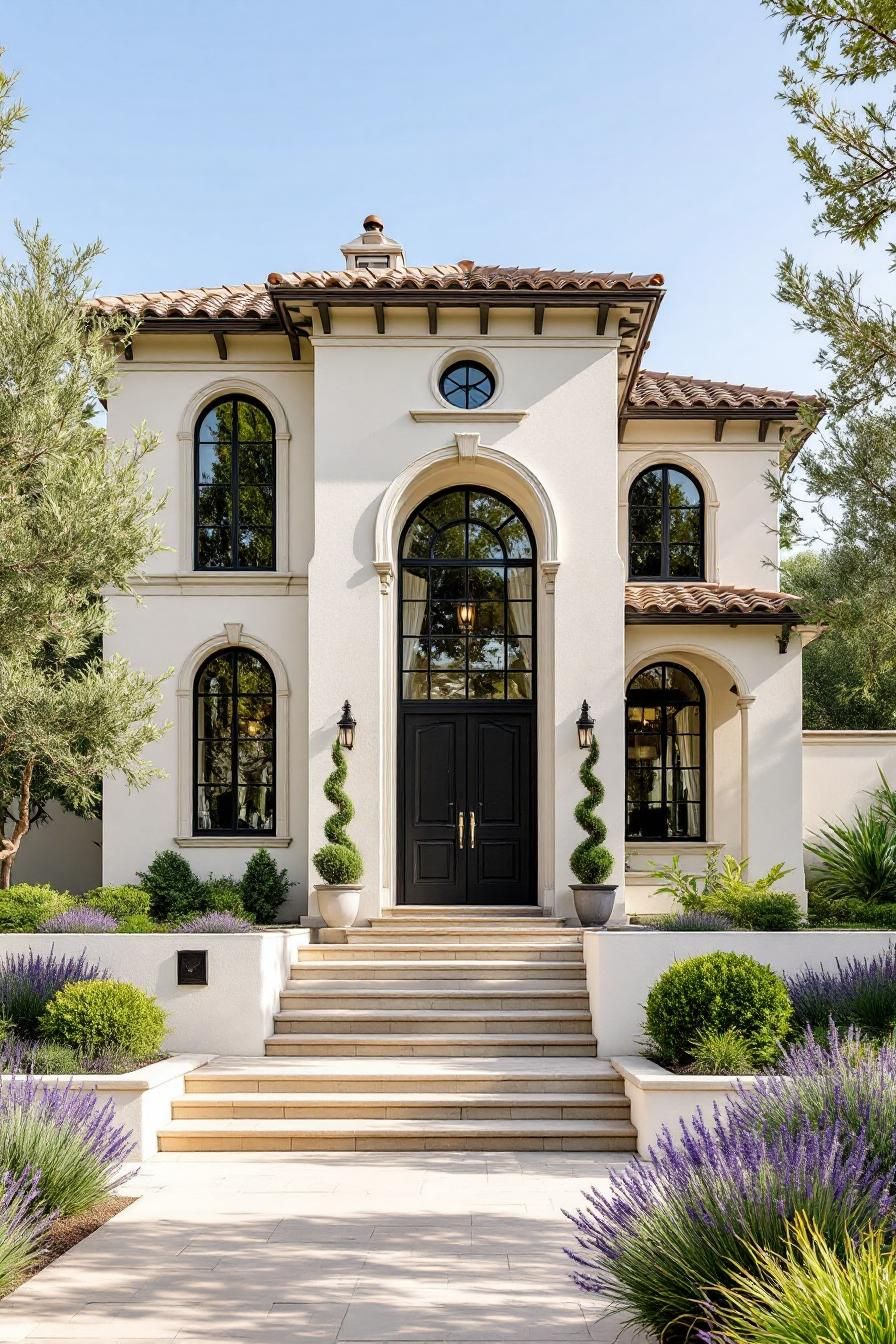 Elegant two-story Mediterranean house with lush landscaping