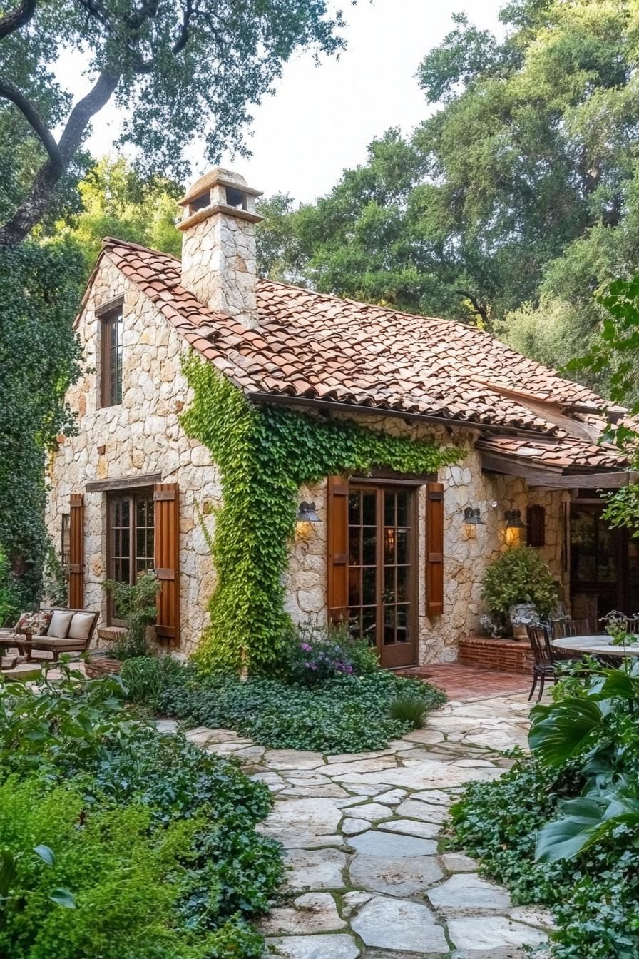 Charming cottage with vine-covered stone walls and rustic elements