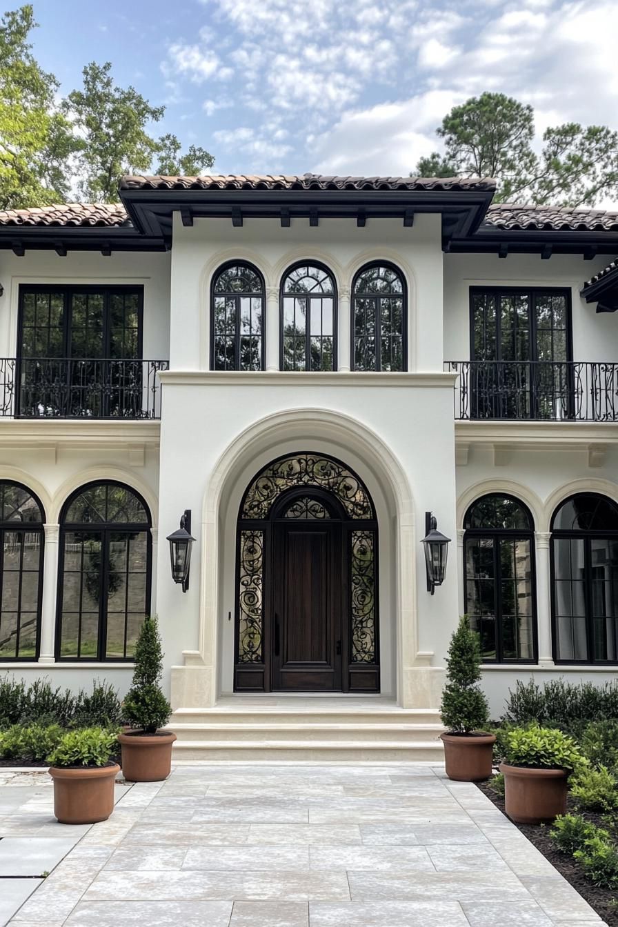 Elegant white villa with arched windows and a grand entrance