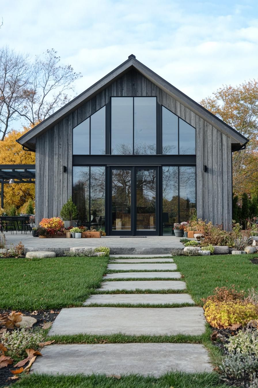 Modern barn house with large glass windows and greenery