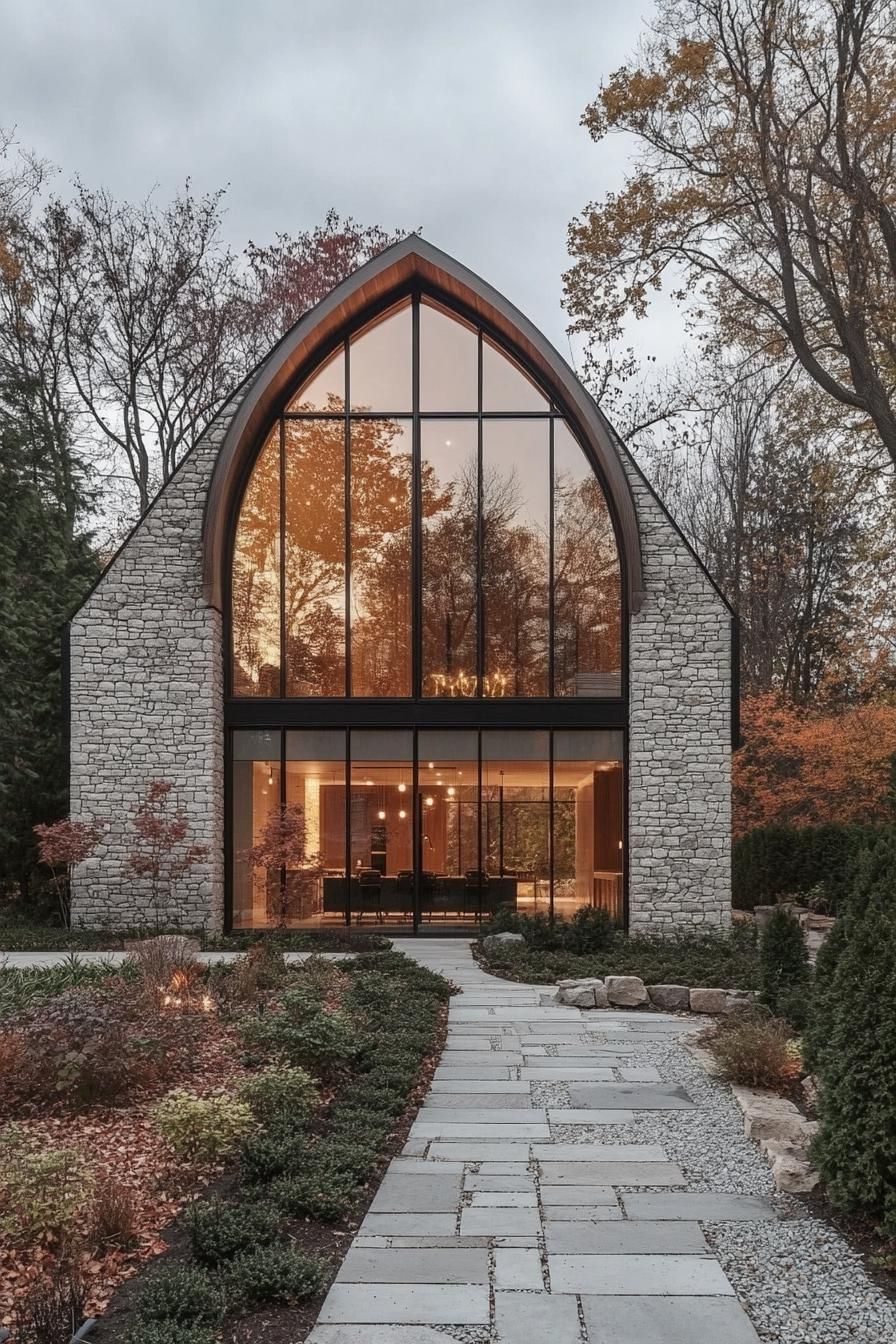 Stone house with large glass facade and autumn setting