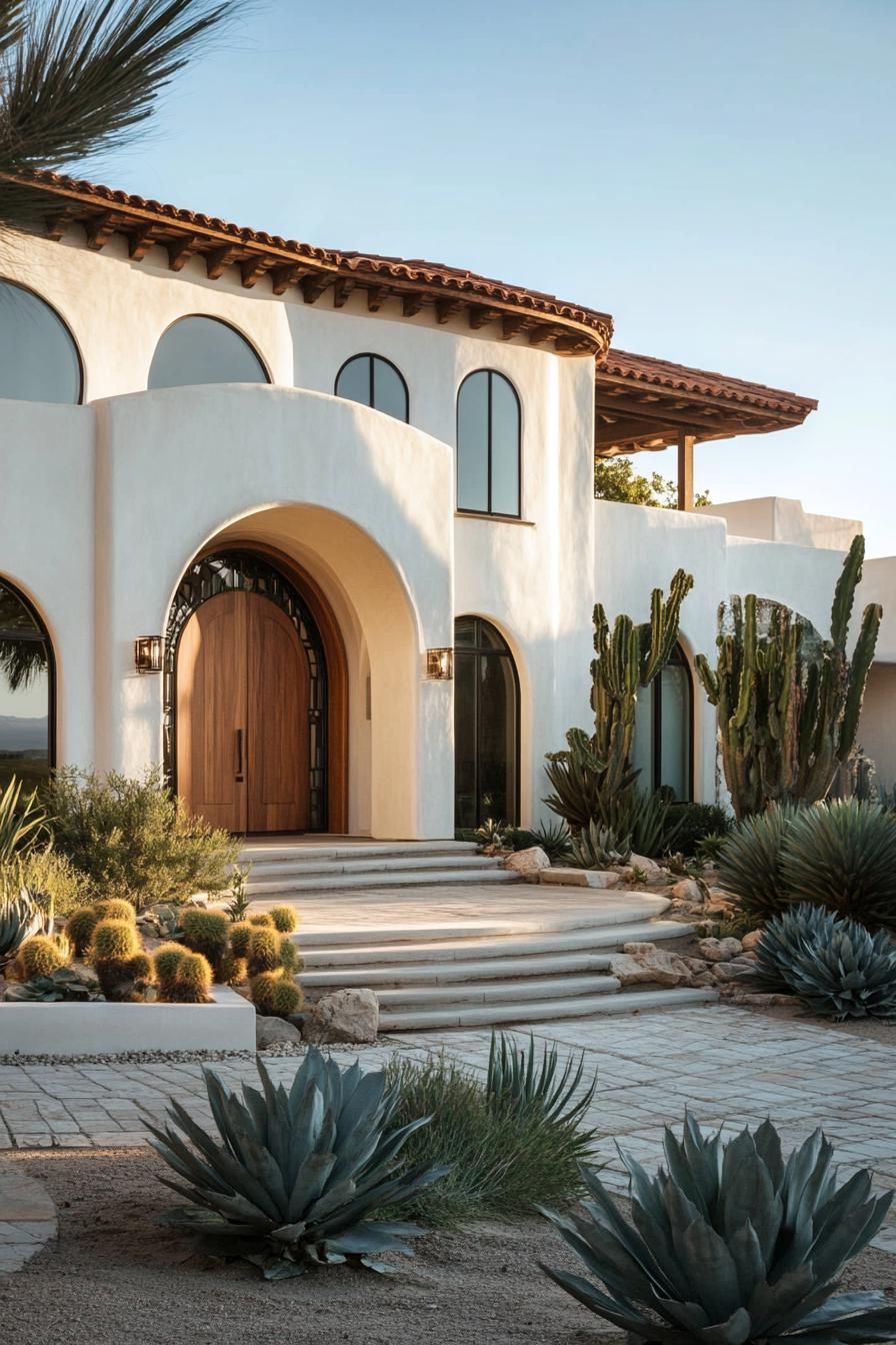 Mediterranean villa with curved arches and cacti