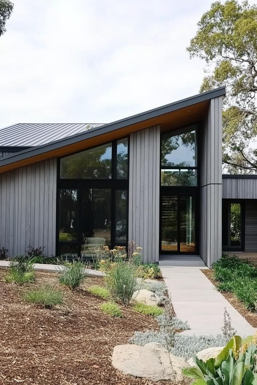 Modern house with large windows and a slanted roof surrounded by greenery