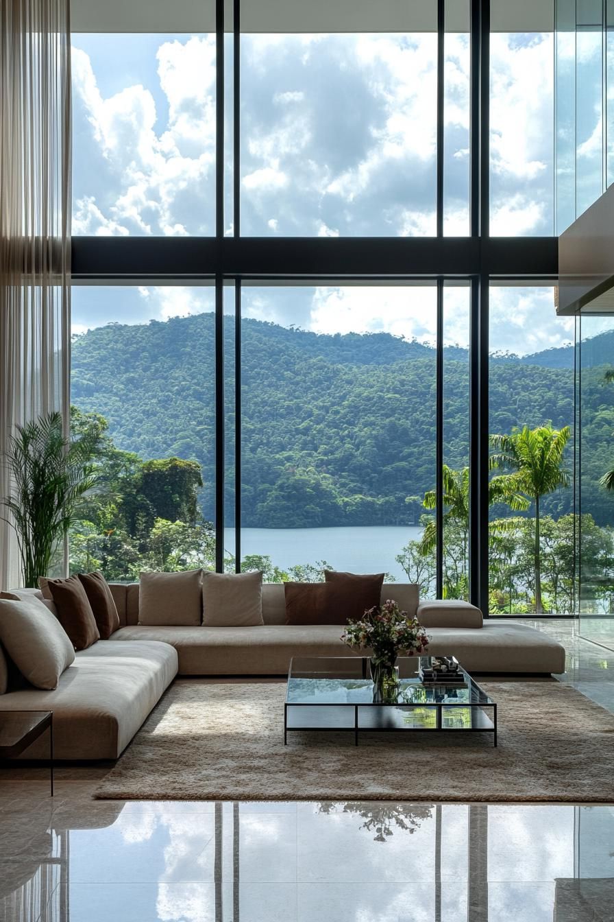 Spacious penthouse living room with mountain view