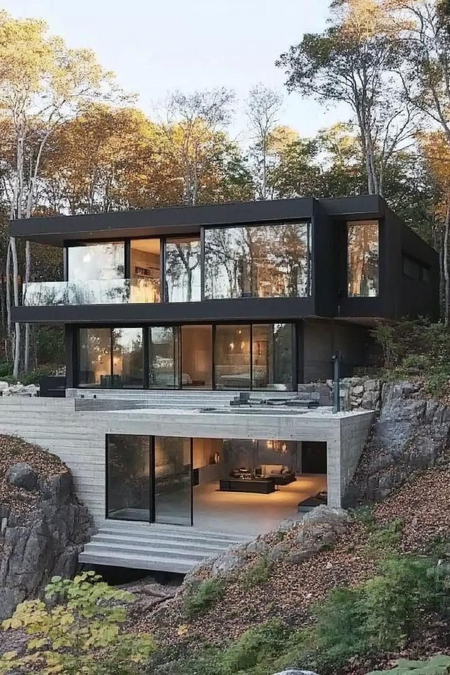 modern house with cascading terraces built from bottom up a steep hillside slope large glass windows rocky steep slope in a forest 3