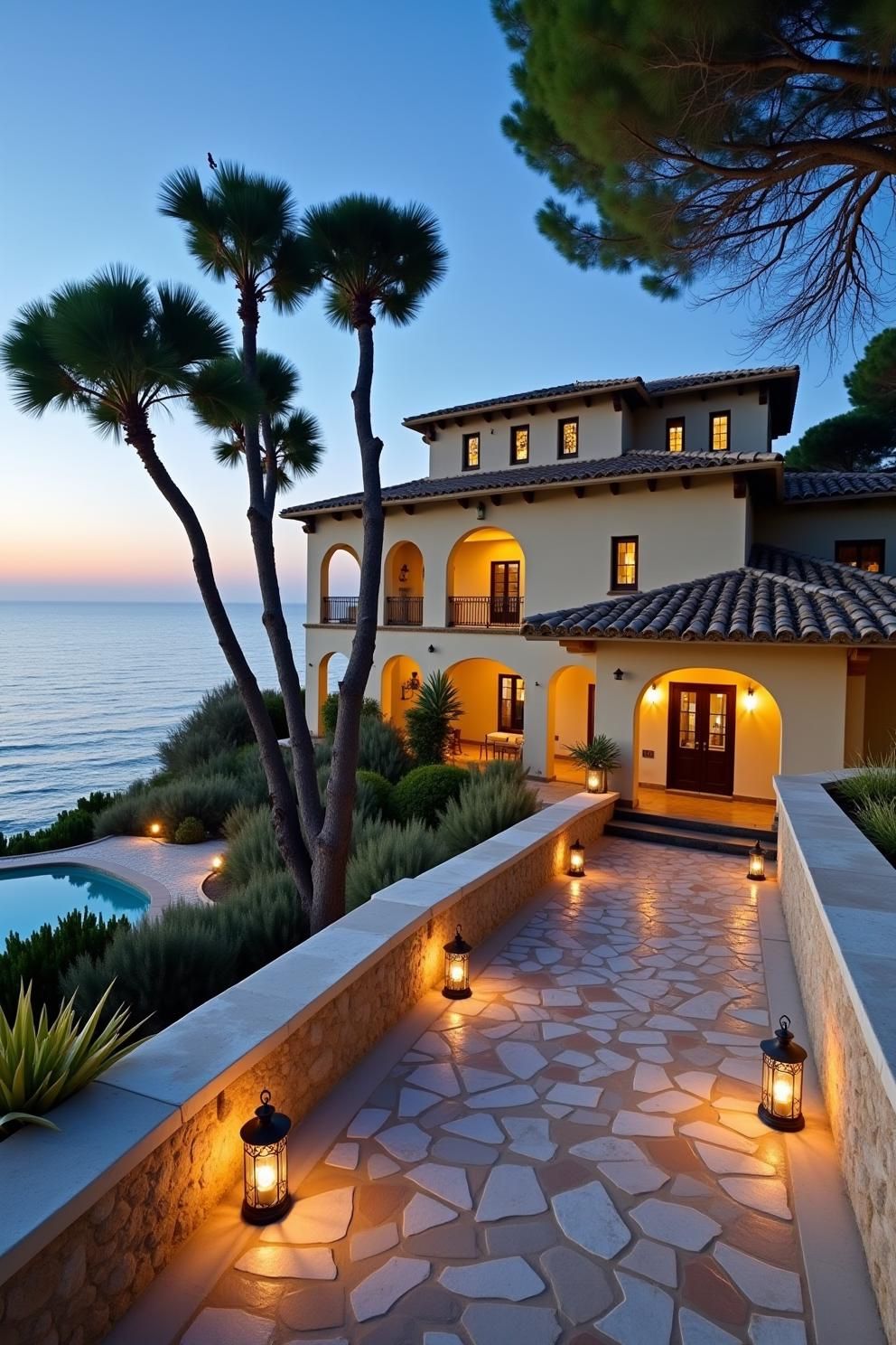 Tuscan villa overlooking the sea at sunset