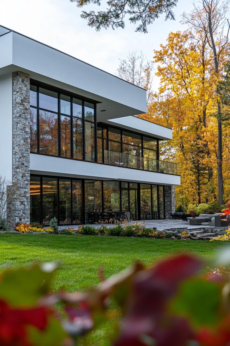 Contemporary house with large glass windows and autumn leaves