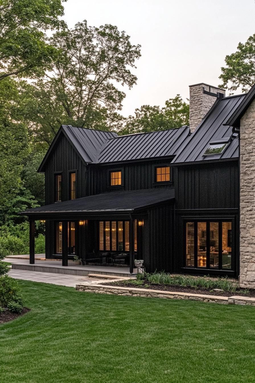 large modern black farmhouse with stone foundations black metal multi pitch roof porch with beam posts neat lawn landscaping