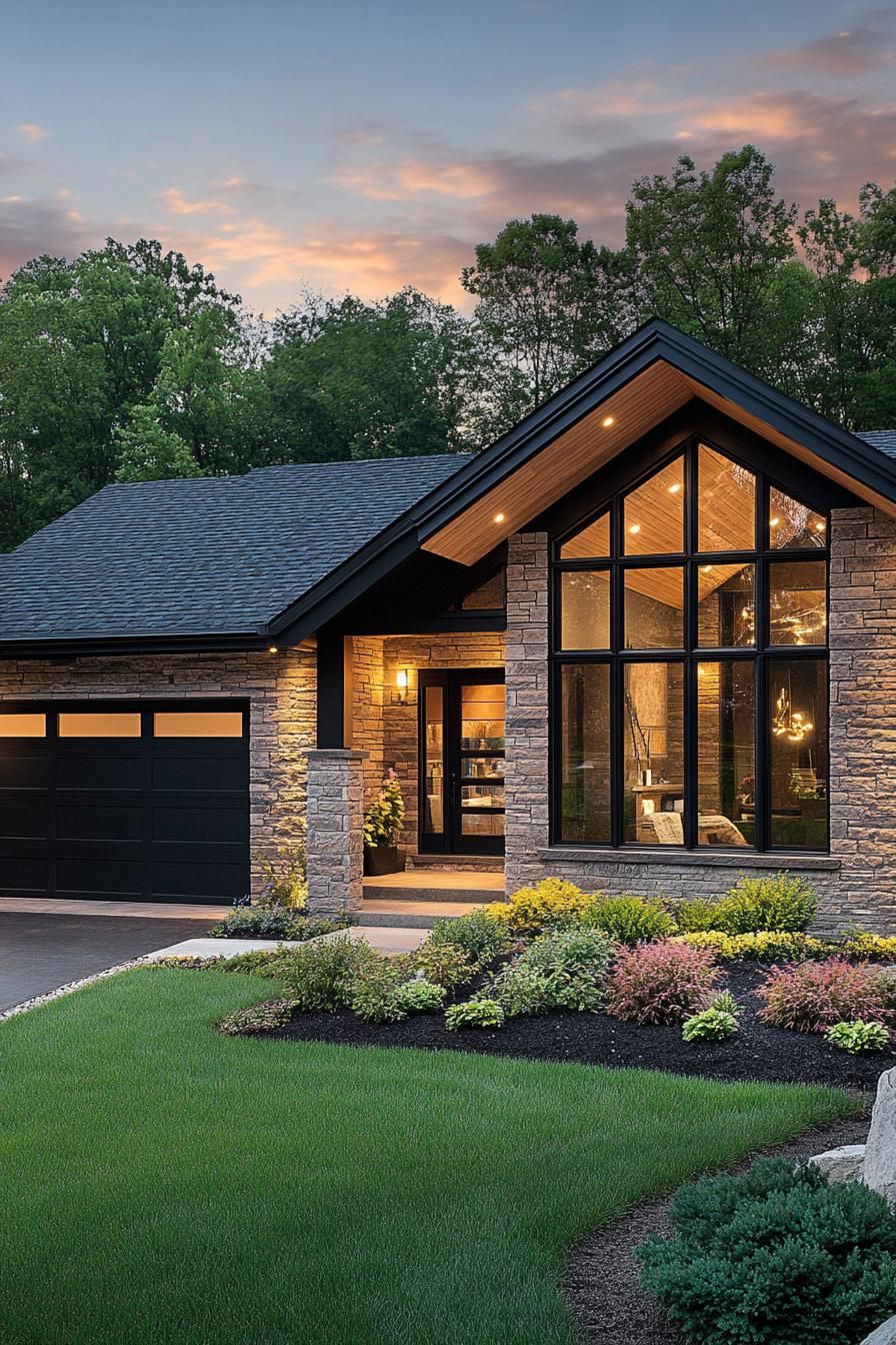 Modern one-story house with large windows and a tidy lawn