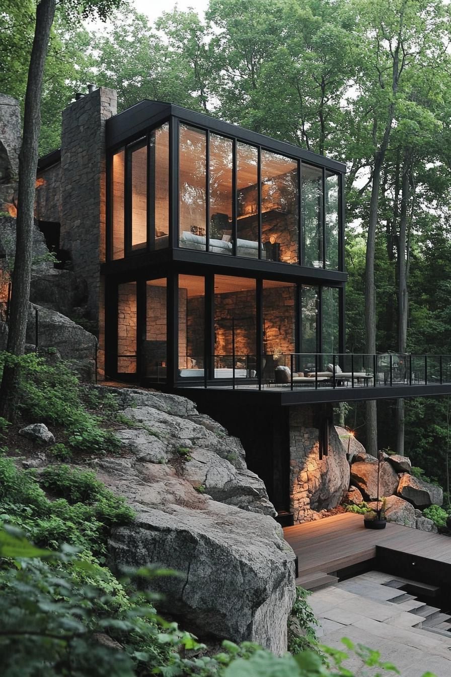 modern house with cascading terraces built from bottom up a steep hillside slope large glass windows rocky steep slope in a forest 1