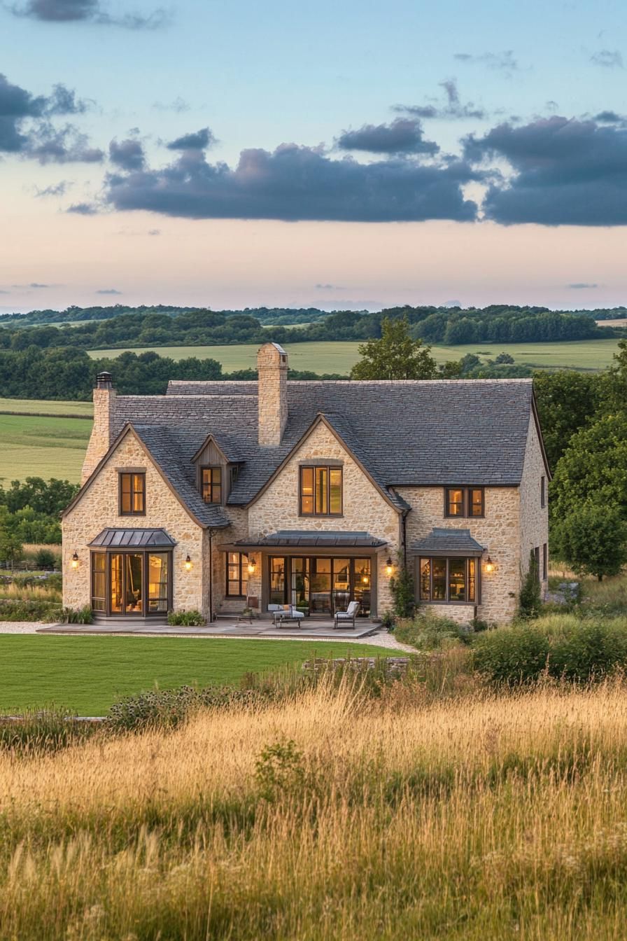 village house with gabled roof and stone facade modern windows large porch farmland with trees landscape