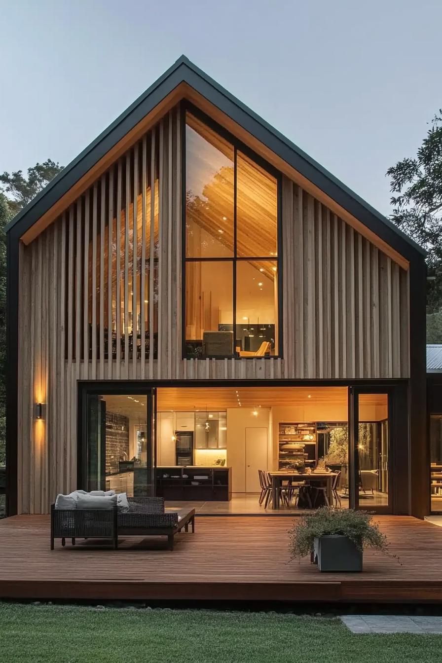 Modern barn home with large windows and wooden deck