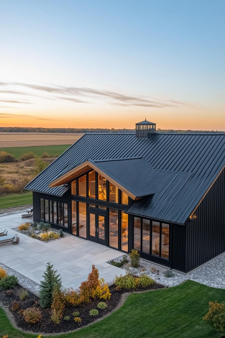 Ranch-style house with black metal roof and large windows