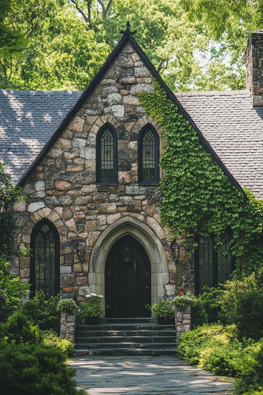 Cozy stone house with arched windows and ivy