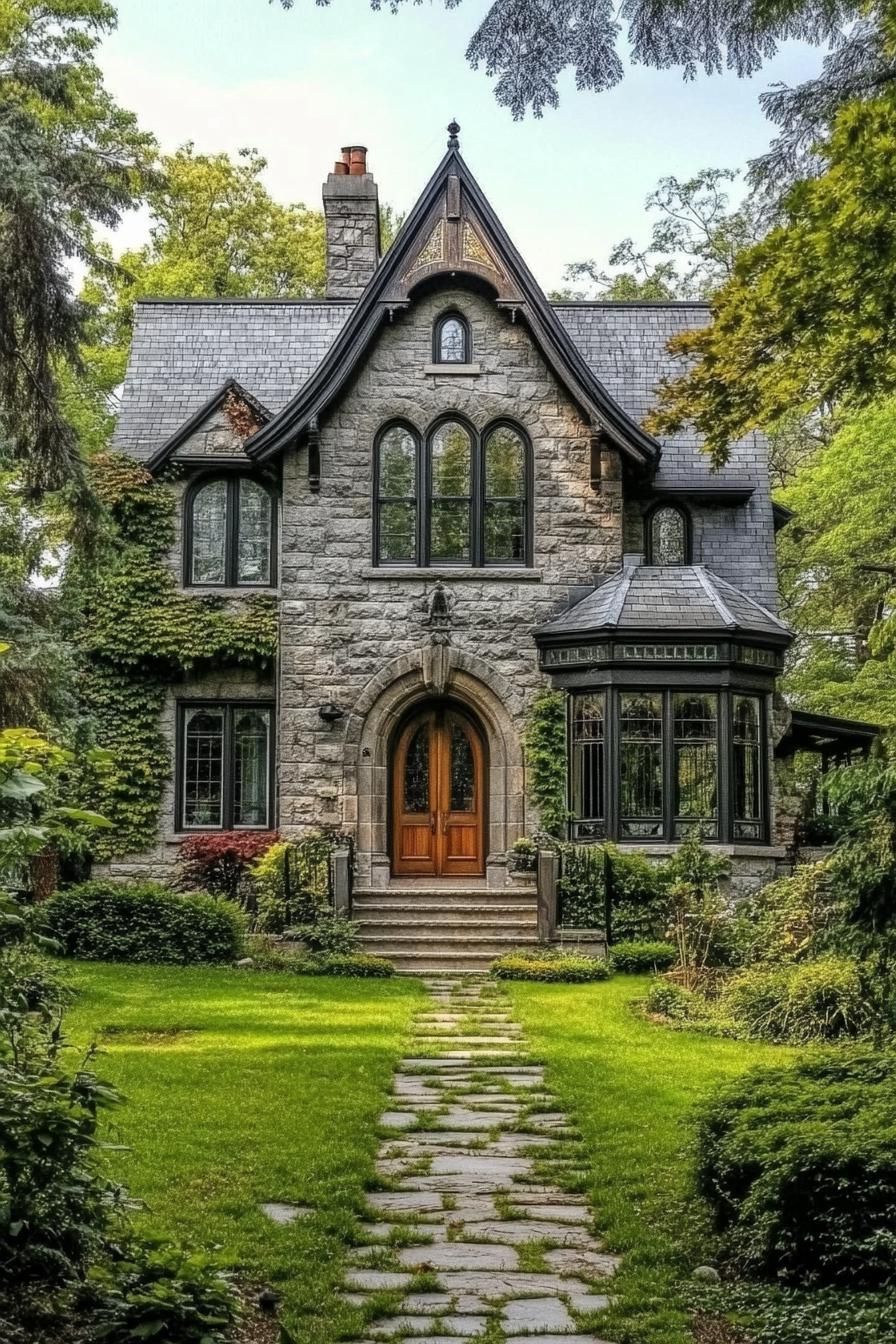 modern french multi story cottage with stone siding arched windows with detailing bay windows stone grey roof with sharp pitches chimney arched 2