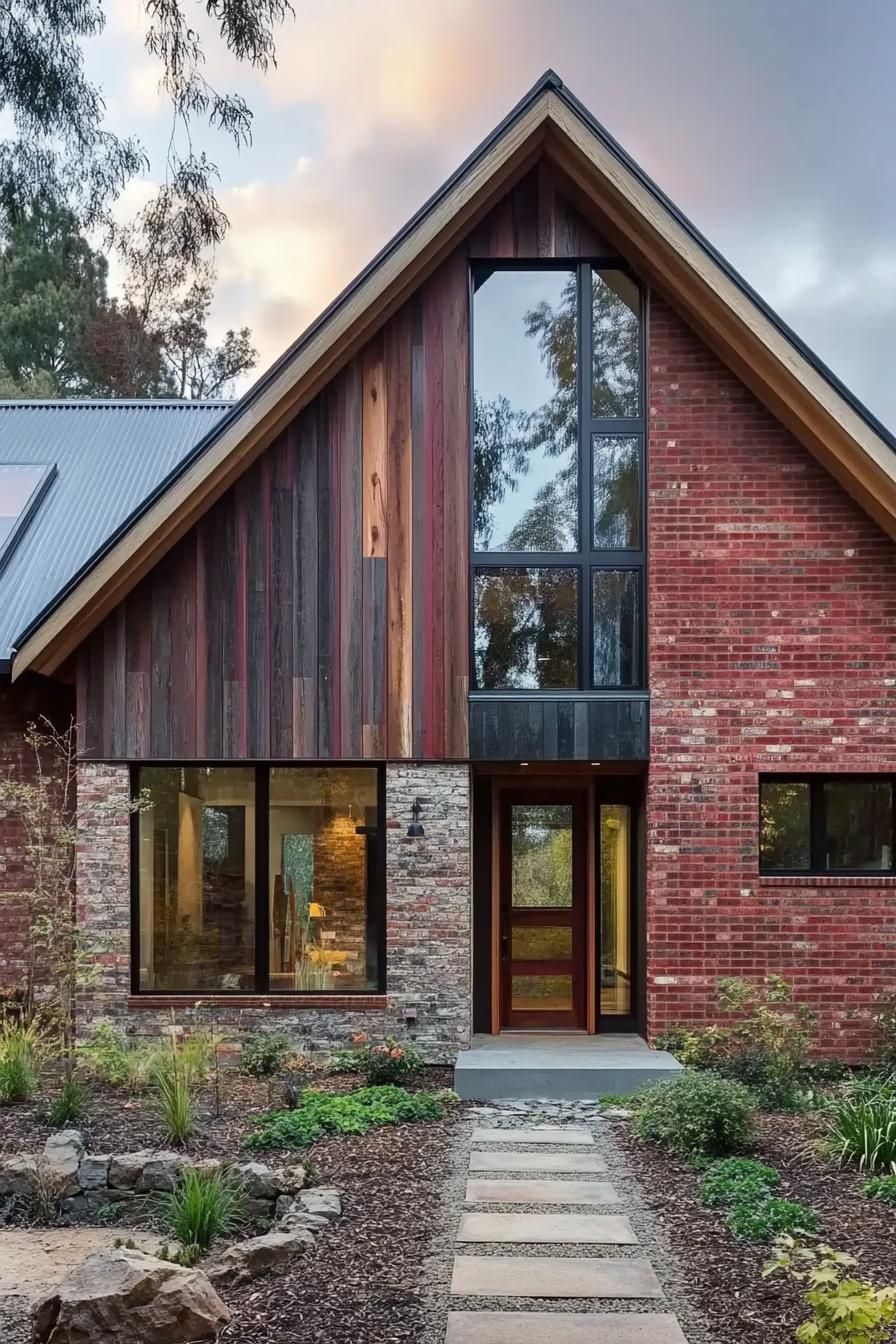 modern house with gable roof facade with red discolored brick and reclaimed timber cladding modern windows and doors