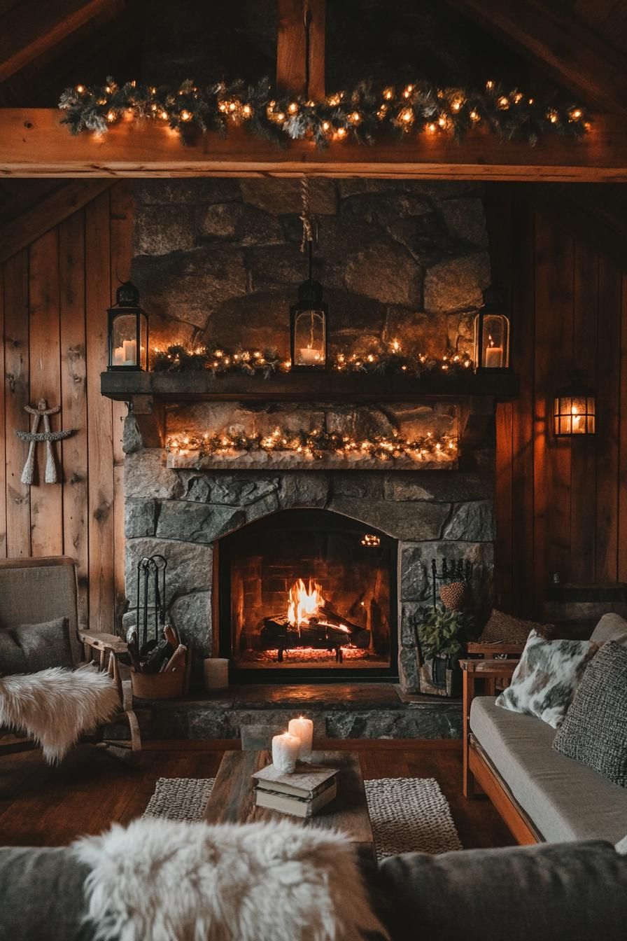 Cozy living room with stone fireplace and warm wooden accents