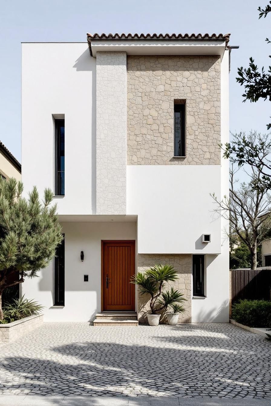 Modern Mediterranean villa with stone façade and wooden door