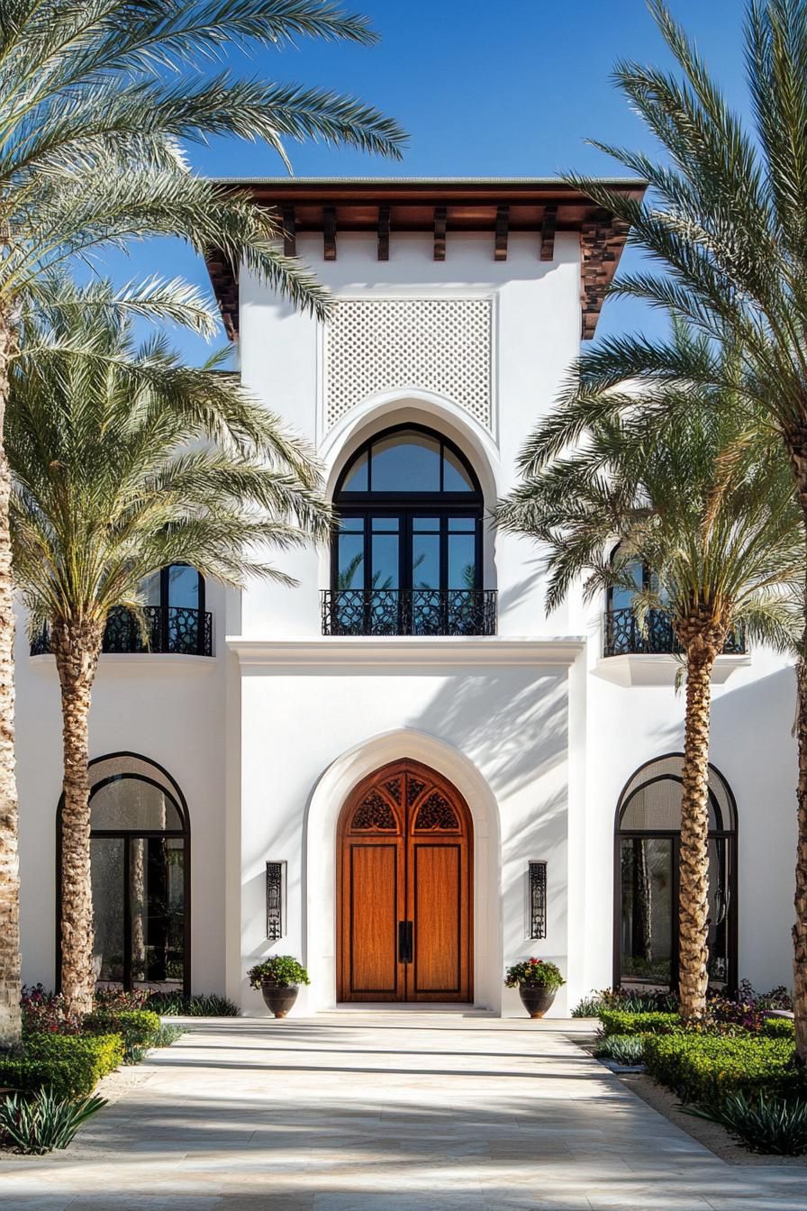 Stately home entrance with palm trees and arches