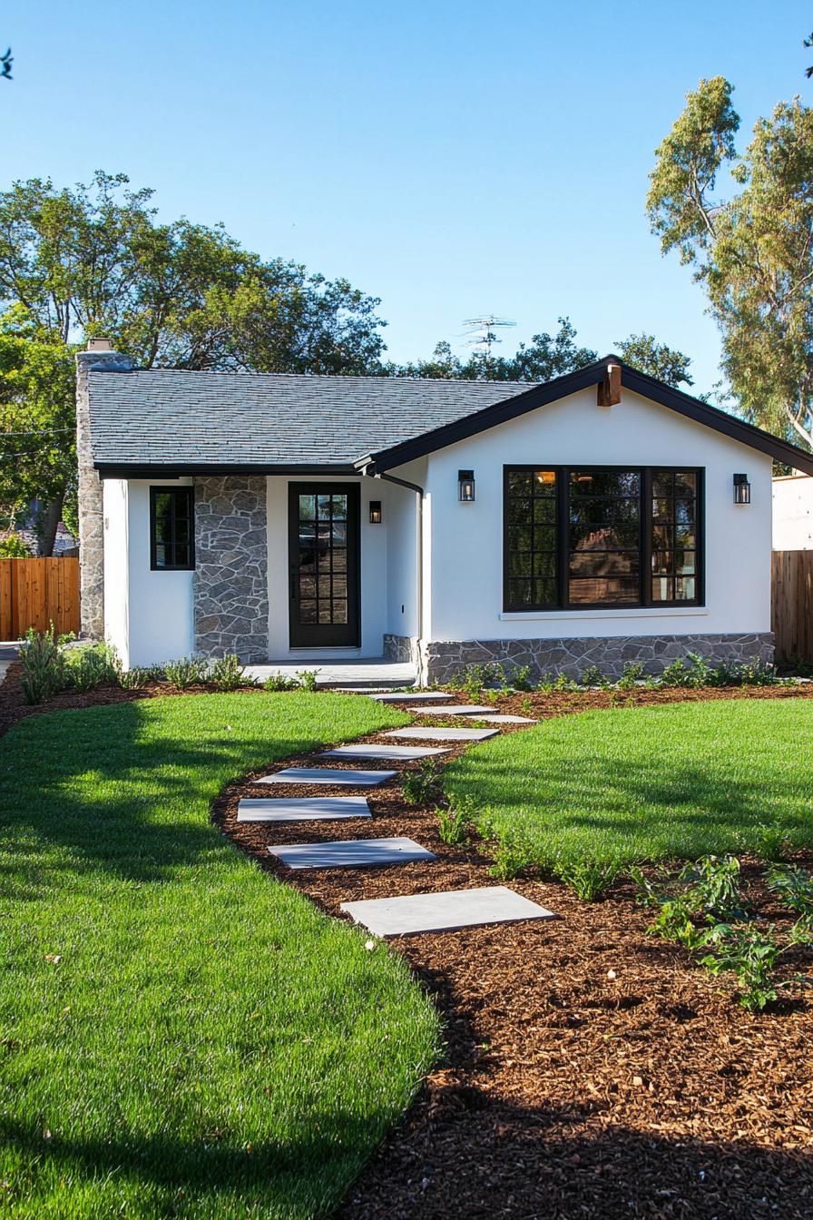 Cozy one-story house with stone accents and manicured lawn