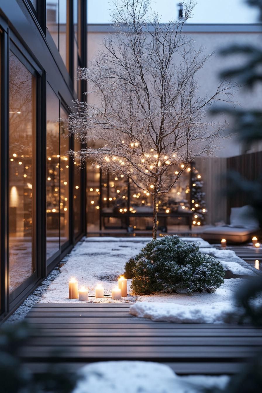 modern inner courtyard in winter with candle lights on decks small tree with snow winter wonderland aesthetic dusk scene 2