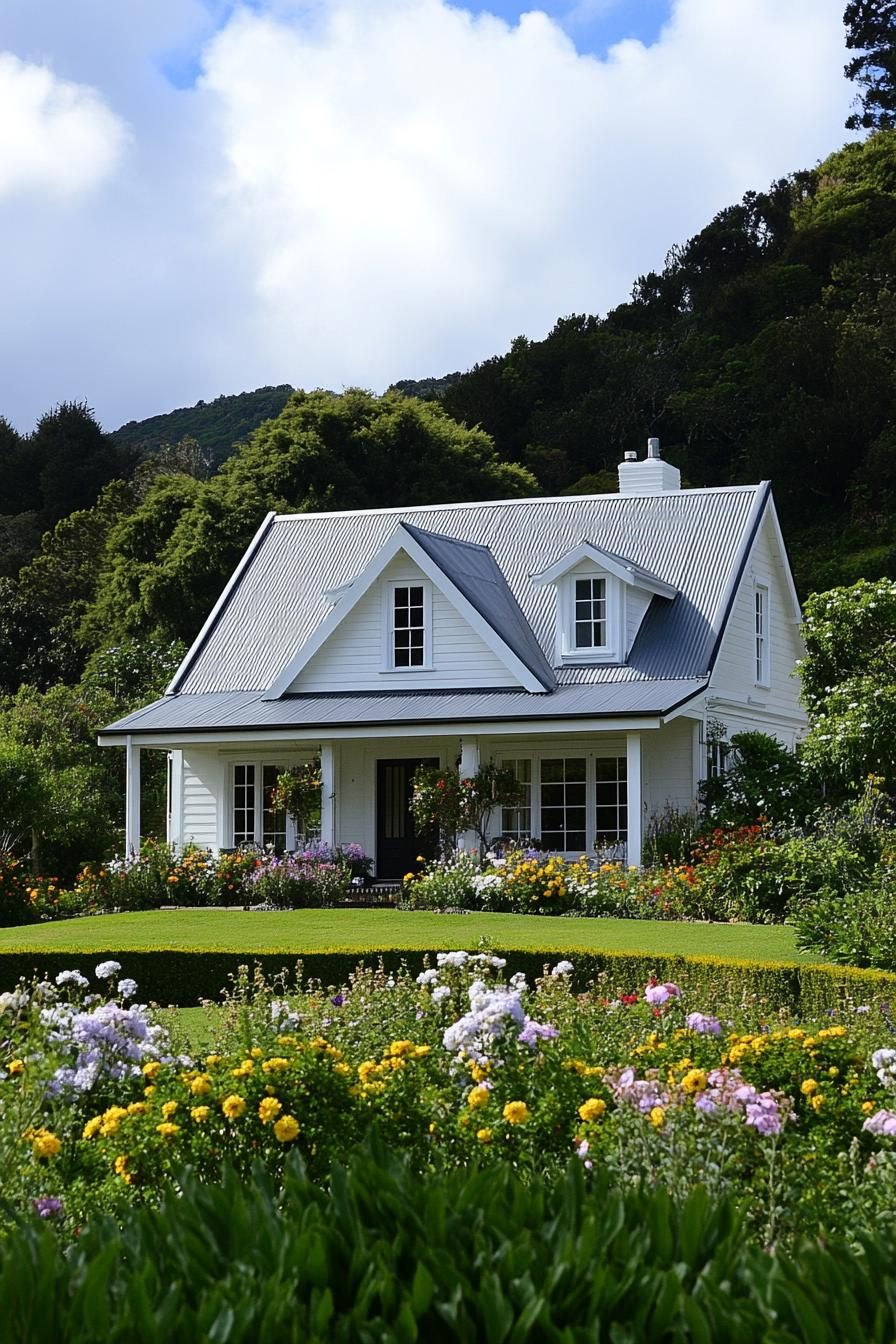 White cottage with a garden in front