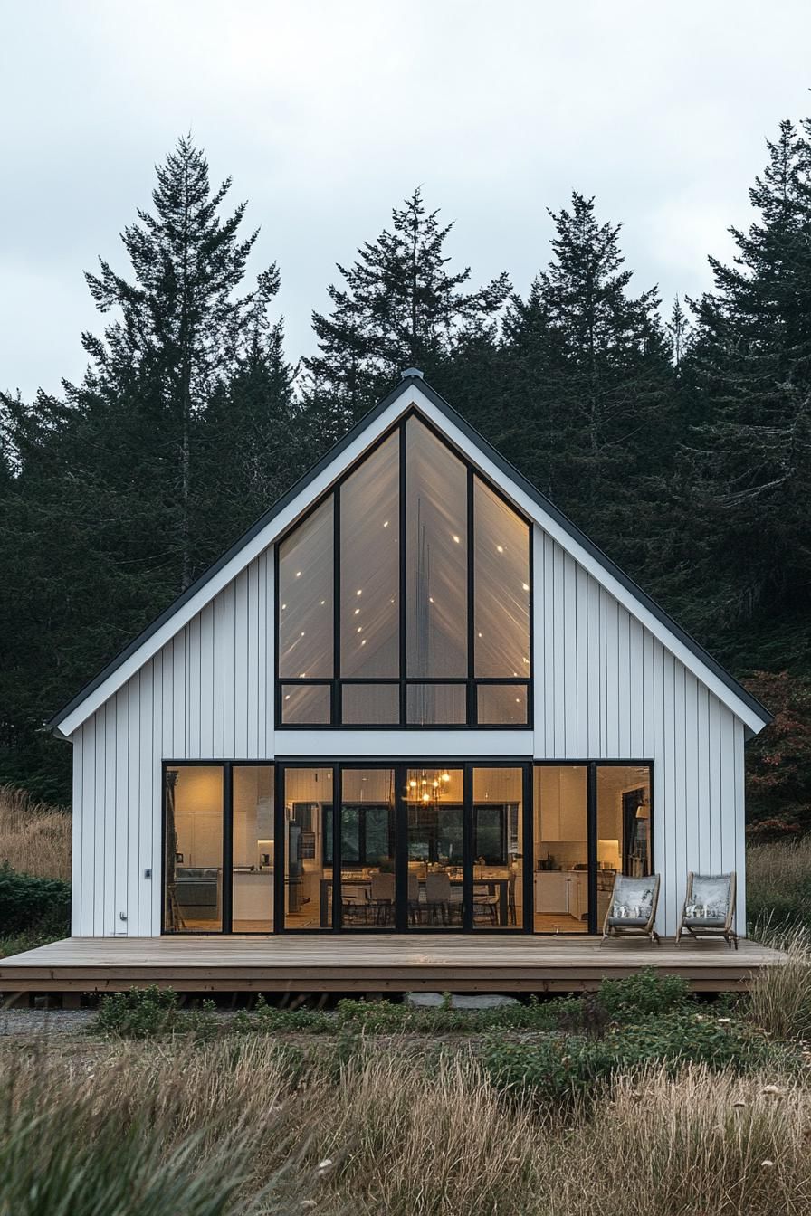 Cozy A-frame cabin with glass front and lush surroundings