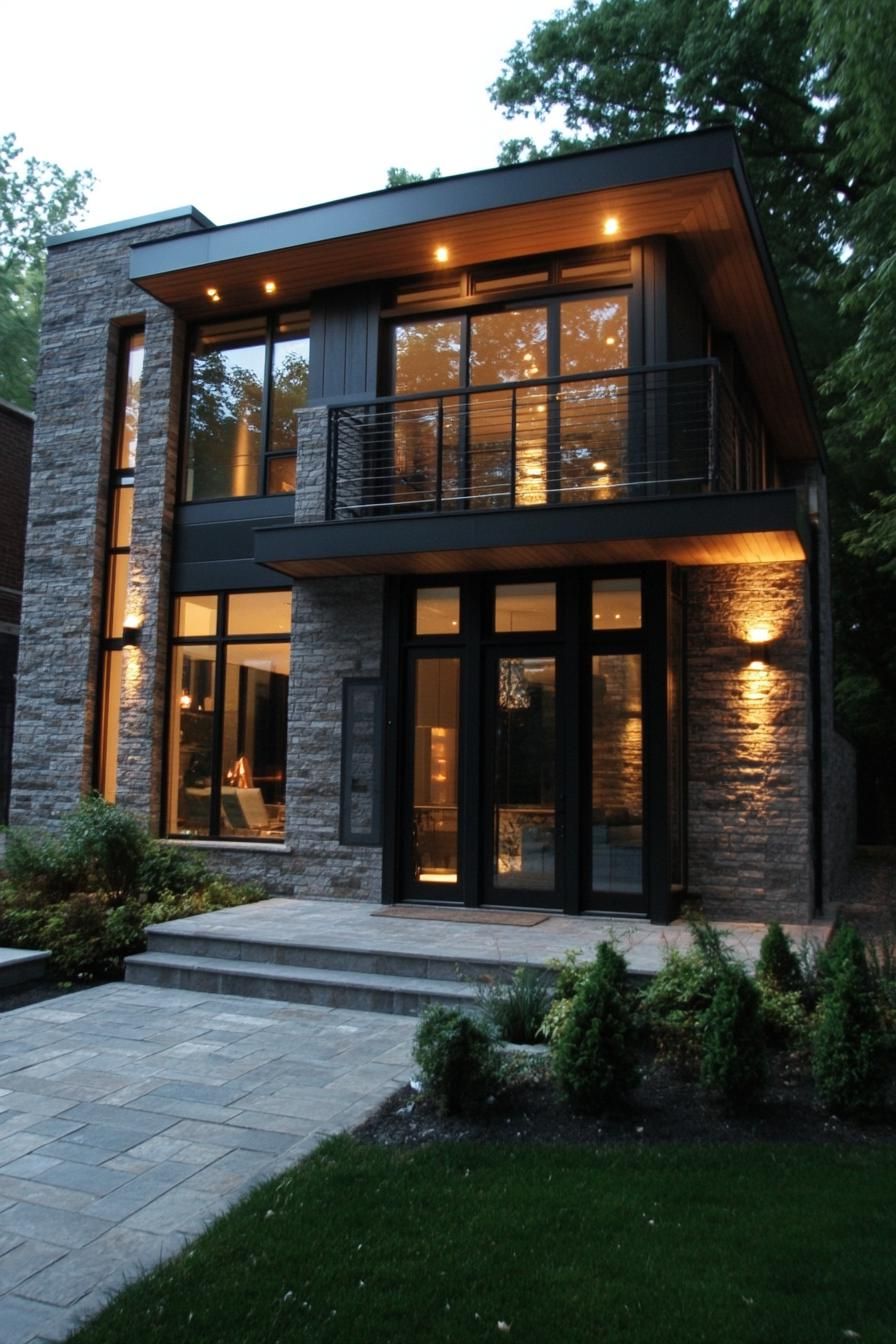 modern cottage inner courtyard facade siding polished stone tile with dark wood large windows balcony with metal railings paved yard geometric 1