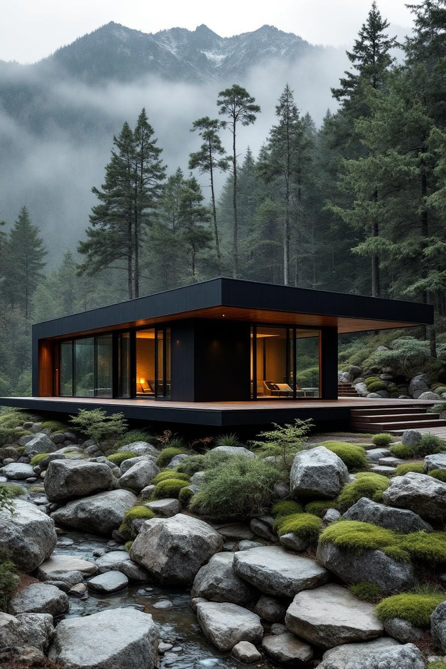 Modern house with large windows surrounded by rocks and trees