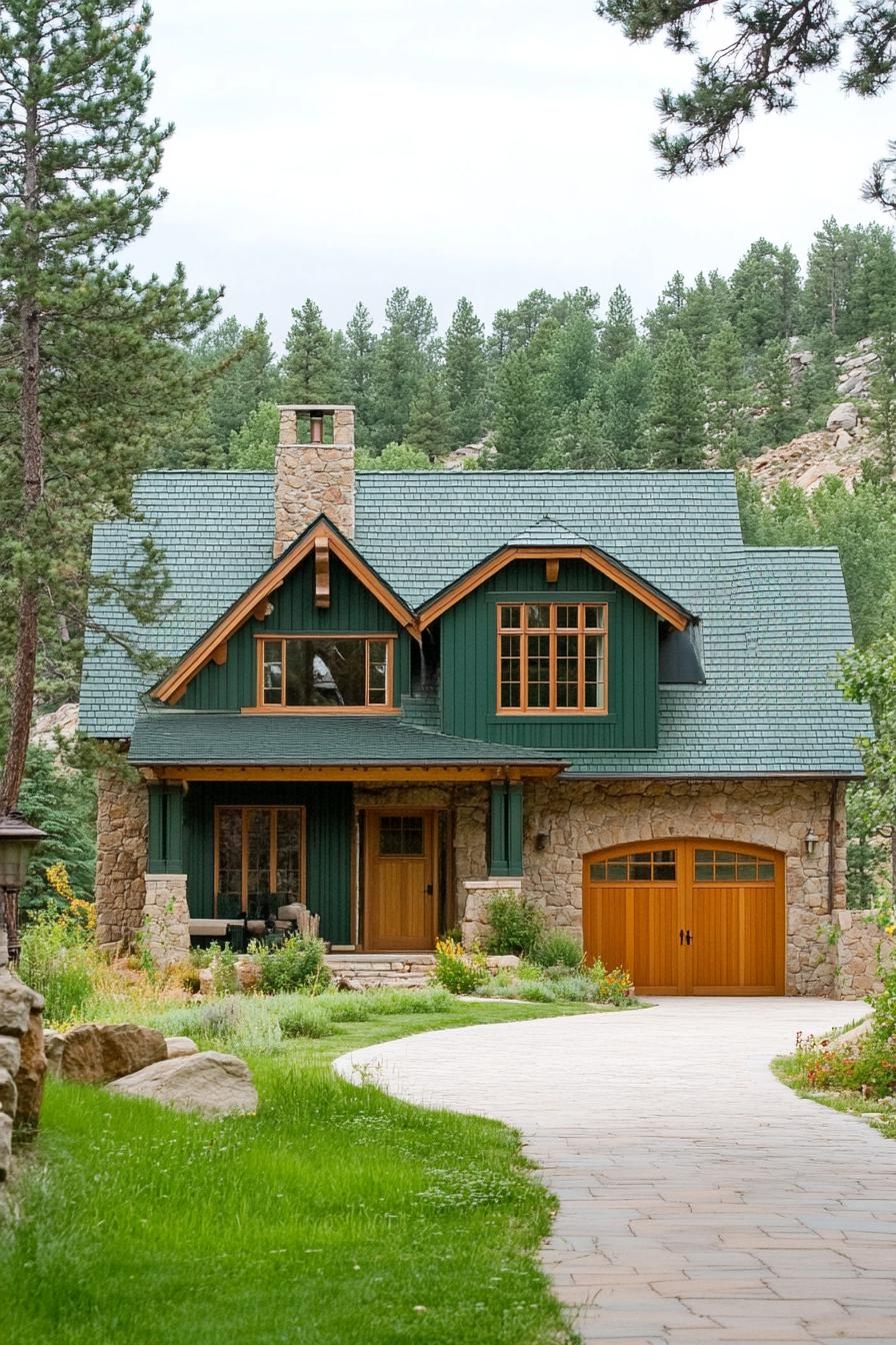 Green Gabled Stone Sanctuary with Pine-Trimmed Charm