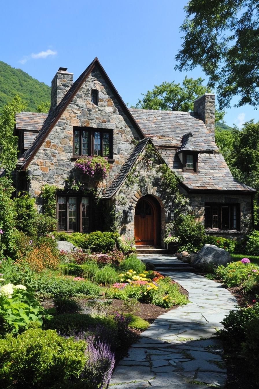 Charming stone cottage with a blooming garden